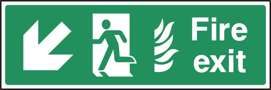 Fire exit flames arrow bottom left sign - Emergency Escape > Fire Exit ...