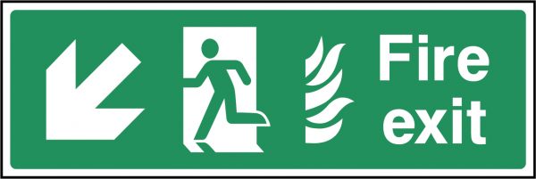Fire exit flames arrow bottom left sign