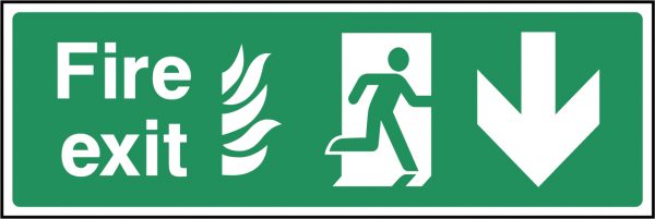 Fire exit flames arrow down sign