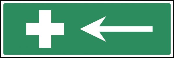 Left pointing first aid sign
