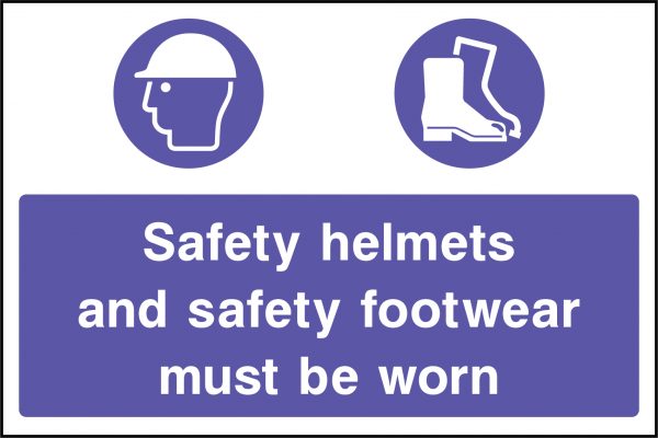 Safety helmets and safety footwear must be worn sign