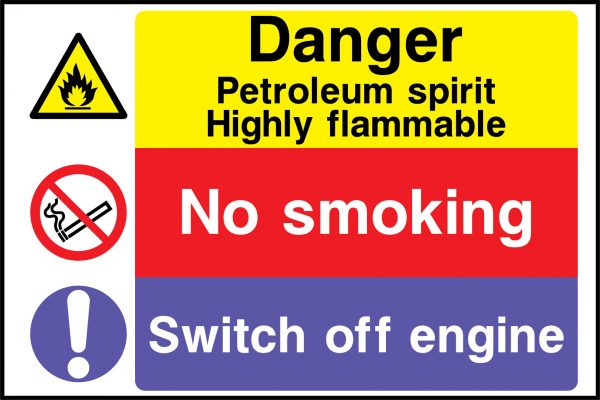 Danger petroleum spirit switch off engine sign