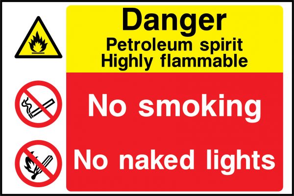 Danger petroleum spirit no naked lights sign