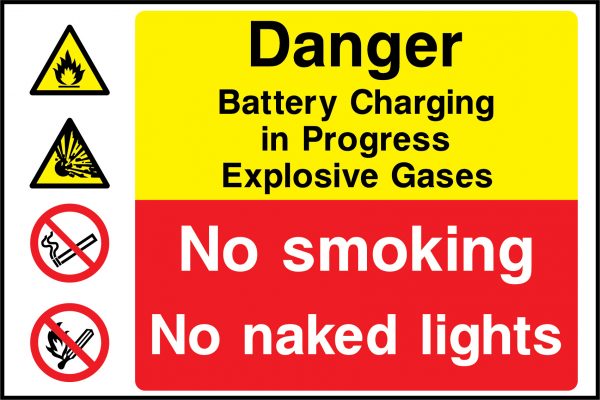 Danger battery charging in progress explosive gases sign