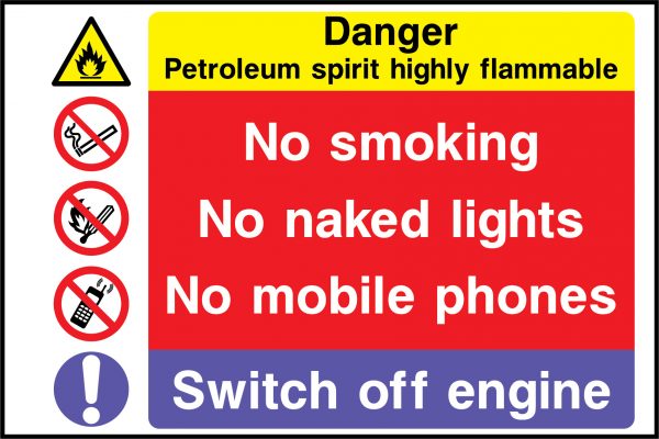 No smoking,naked lights,mobile phones,engine off sign