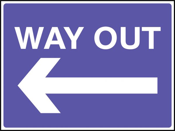 Way out left pointing sign