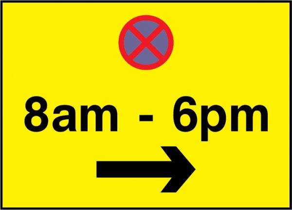 No stopping between 8am and 6pm w/right arrow road sign