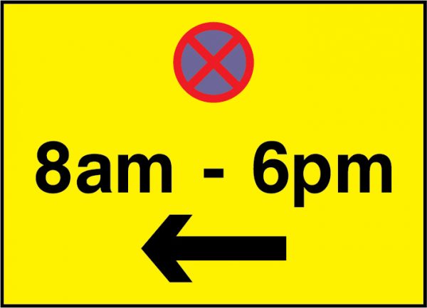 No stopping between 8am and 6pm w/left arrow road sign