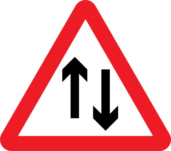 Two-way traffic straight ahead road sign