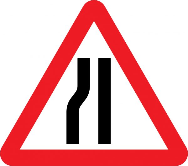 Road narrows on left side road sign