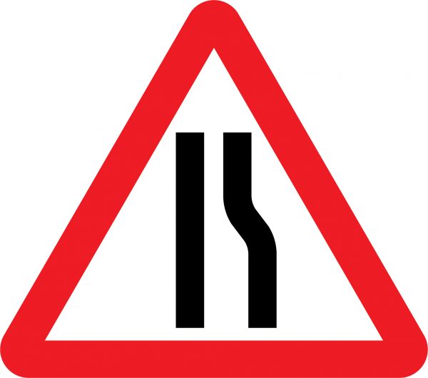 Road narrows on right side road sign