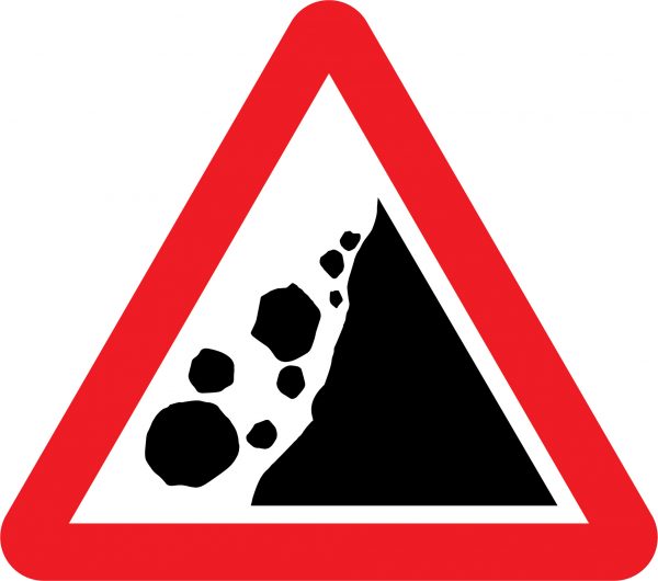 Falling or fallen rocks on the right road sign
