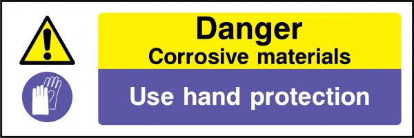 Danger corrosive materials use hand protection sign